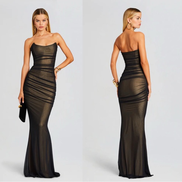 Retrofete Dresses & Skirts - Retrofête Ford Strapless Ruched Maxi Dress Black Nude Mesh XXS
